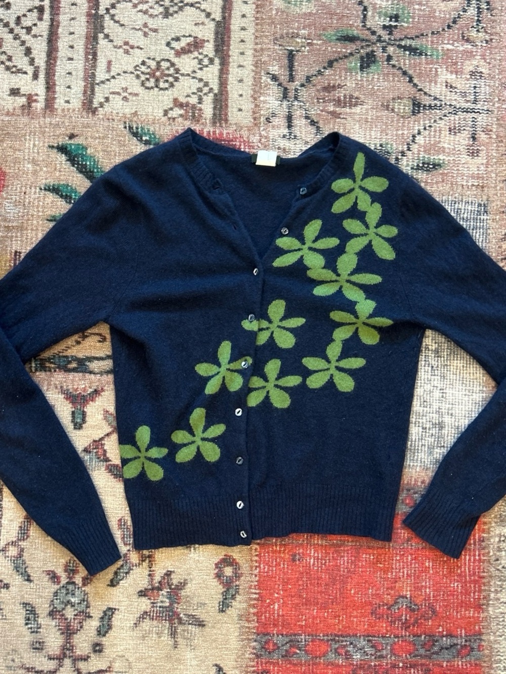 J. Crew Navy Cardigan with Green Floral Motif